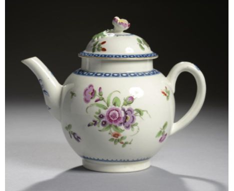 A WORCESTER POLYCHROME TEAPOT AND COVER, C1772  with underglaze blue border, painted with flowers and sprays, 15cm h, open cr