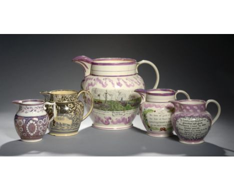 FOUR SUNDERLAND PINK LUSTRE JUGS AND A SILVER RESIST LUSTRE JUG, C1830-50  the largest with transfer prints of the Wear Bridg
