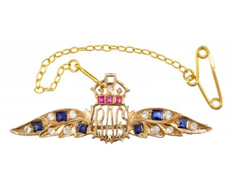 A RUBY, SAPPHIRE AND DIAMOND RAF WINGS BROOCH in gold, 4.4cm,  3.7g ++In satisfactory second hand condition 