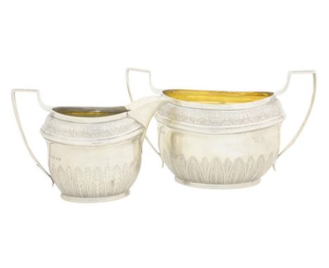 A GEORGE III ENGRAVED OVAL SILVER CREAM JUG AND SUGAR BOWL,  jug 10.5cm h, by John Emes, London 1802, 15ozs 6dwts ++Both in t