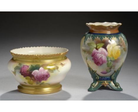 A ROYAL WORCESTER GADROON FERN POT AND A VASE, 1903 AND 1908   both painted with roses, vase 14cm h, printed marks ++Fern pot