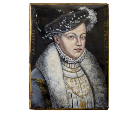 A LIMOGES ENAMEL PLAQUE OF FRANCOIS II OF FRANCE (1544-1560), LATE 19TH C 14.5 x 11cm ++Enamel chipped lower left hand side, 