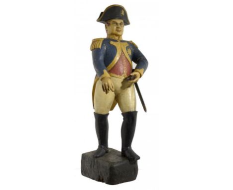 A VICTORIAN CARVED AND PAINTED WOOD TOBACCONIST'S SHOP FIGURE OF NAPOLEON BONAPARTE, LATE 19TH C  holding an open snuff box i