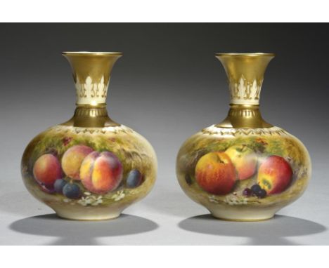 A PAIR OF ROYAL WORCESTER VASES, 1925 & 26 painted by Ricketts, both signed, with fruit, 10cm h, printed mark ++Both in fine 