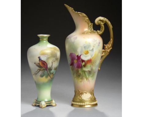 A ROYAL WORCESTER EMPRESS EWER, 1908 painted by Roberts, signed, with flowers, 23cm h, printed mark and a contemporary Royal 