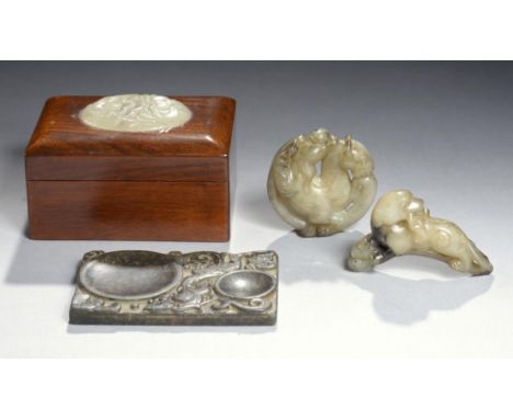 A CHINESE CARVED INKSTONE, TWO JADE CARVINGS AND A WOODEN BOX WITH CARVED JADE INSET PLAQUE  inkstone 9cm ++The lot in good c