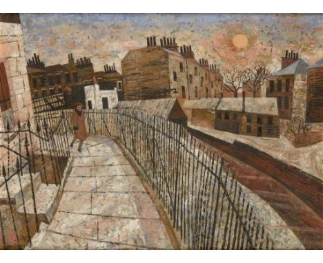 †ALFRED DANIELS, RBA, RWS (1924-2015) THE IRON RAILINGS signed and dated 1958, oil on board, 49.5 x 67.5cm  ++In fine conditi