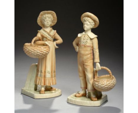 A PAIR OF ROYAL WORCESTER FIGURES OF A BOY AND GIRL DESIGNED BY JAMES HADLEY IN THE MANNER OF KATE GREENAWAY, C1880 22cm h, i