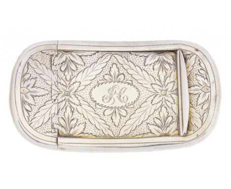 A GEORGE III SILVER SNUFF BOX  of curved form engraved with leaves, the flush lid with integral hinge, 7.5cm l, by Thomas Tho