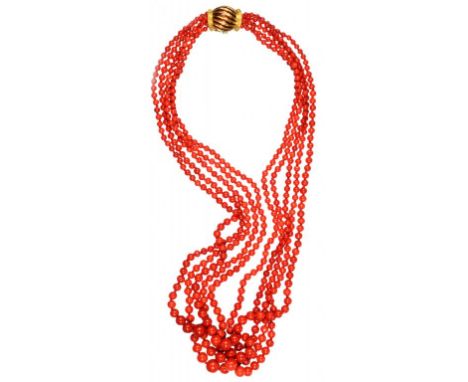 A CORAL FIVE STRAND NECKLACE WITH GOLD AND RED GUILLOCHE ENAMEL CLASP  the beads approx 0.35-0.98cm, 62cm, marked on clasp 18