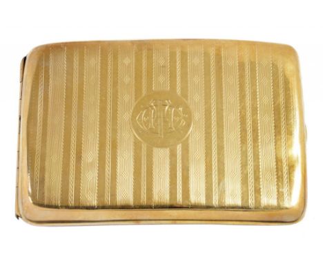 A 9CT GOLD CIGARETTE CASE engine turned, 11.5cm, marks rubbed, Birmingham 1920, 158g ++Dents and wear consistent with age
