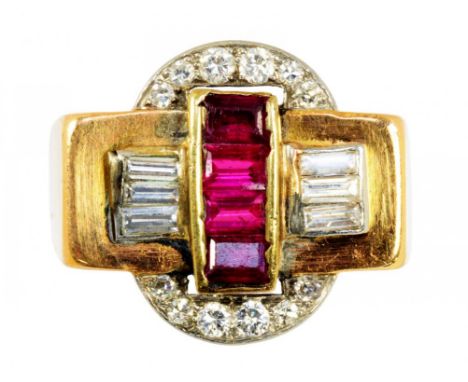 A MID CENTURY RUBY AND DIAMOND RING  in gold, unmarked, 6.9g, size O½ ++In satisfactory second hand condition, one of the lin