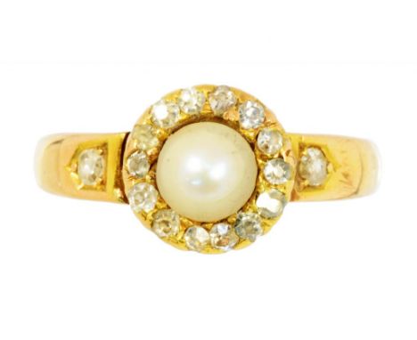 A VICTORIAN PEARL AND DIAMOND CLUSTER RING   in 18ct gold, Birmingham 1892, 2.2g, size L ++In satisfactory condition with wea