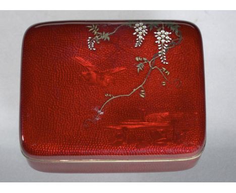 A JAPANESE CLOISONNE ENAMEL (GIN BARI) BOX AND COVER,  20TH C the cover with flowers on red over foil, silk lined, 13cm w ++O