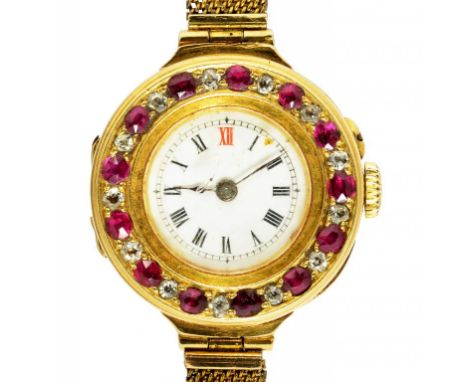 A SWISS GOLD LADY'S WRISTWATCH   with ruby and diamond bezel, later plated mesh bracelet, 2.4cm ++Caseback detached, hinge br
