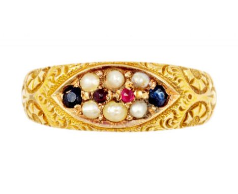 A VICTORIAN RUBY, SAPPHIRE AND SPLIT PEARL RING in 15ct gold, Chester 1888, 2.8g, size N ++Satisfactory condition