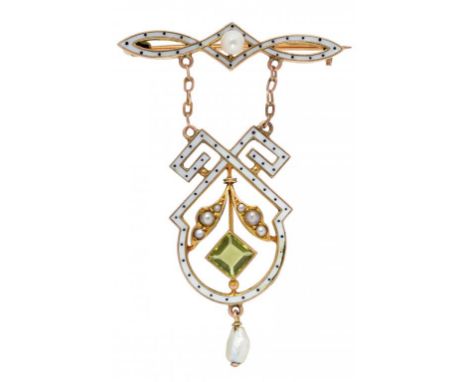 A PERIDOT, PEARL AND GOLD AND ENAMEL BROOCH, C1910  of openwork with single central step cut  peridot and baroque pearl en tr