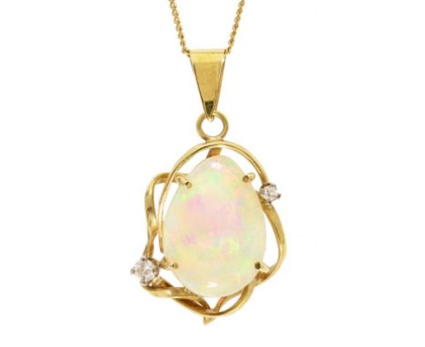 AN OPAL, DIAMOND AND GOLD OPENWORK PENDANT  3cm, marked 9ct, on gold necklet, 3.4g ++Satisfactory condition, opal not cracked