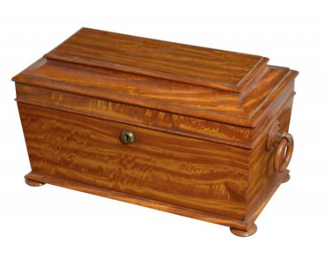 A VICTORIAN SATINWOOD TEA CADDY, C1840 of sarcophagus shape with fitted interior and a contemporary cut glass jar, 34cm w ++W