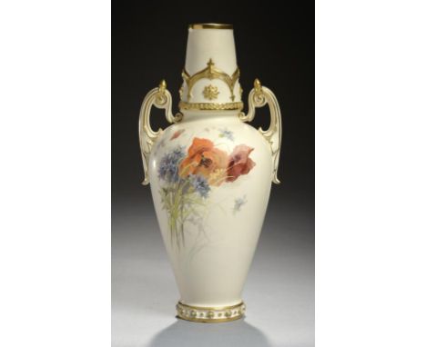 A ROYAL WORCESTER VASE, C1885 painted by E Raby, signed, with wild flowers including poppies and a dandelion on an ivory grou