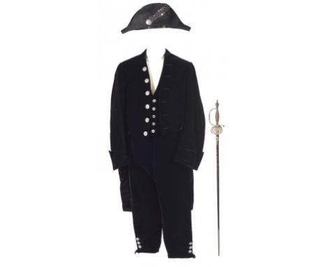 COSTUME.  THE REGULATION COURT DRESS OF A HIGH SHERIFF BY H POOLE & CO, LONDON, C1900 comprising chapeau-bras, coat, waistcoa