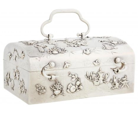 A SOUTH EAST ASIAN SILVER OVERLAID AND ORNAMENTED CASKET, LATE 19TH/EARLY 20TH C  15cm w ++Light wear, minor fracture part wa