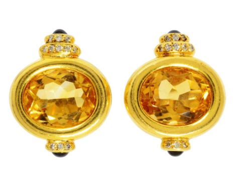 A PAIR OF FRENCH SAPPHIRE, CITRINE AND GOLD EARRINGS 2cm, tete d'aigle control mark and 750, 16.2g ++Good quality earrings in