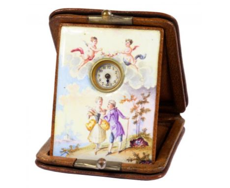 A VIENNESE PAINTED ENAMEL AND LEATHER CASED TRAVELLING TIMEPIECE, C1900  painted with lovers and putti, 5cm h ++Movement unte