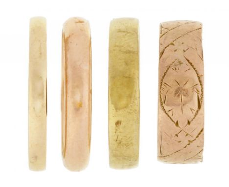 FOUR 9CT GOLD WEDDING RINGS 8.9g, sizes J, K and M ++In satisfactory second hand condition