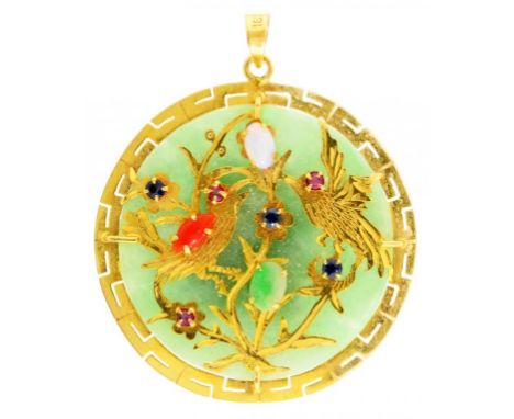 A SOUTH EAST ASIAN MULTI GEM SET JADE AND GOLD PENDANT  with two birds in a tree, a shou character to the reverse, 3.5cm excl