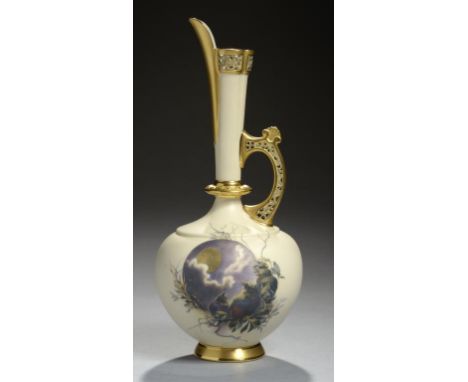 A ROYAL WORCESTER EWER, 1887  with reticulated gilt handle and neck, painted probably by Charles H C Baldwyn with birds on a 