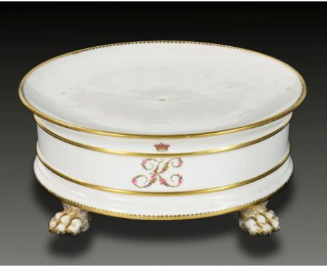 AN ENGLISH PORCELAIN CHEESE STAND, C1830  finely painted with the initial  K in flowers and an earl's coronet, gilt dentil ri