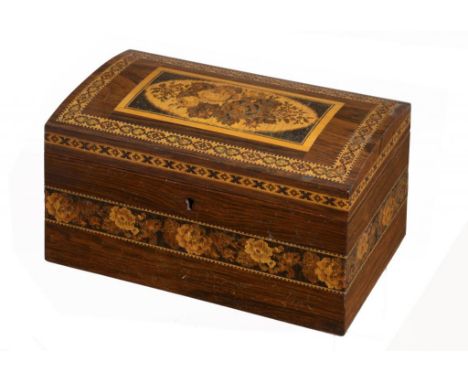 A VICTORIAN TUNBRIDGE WARE TEA CADDY, MID 19TH C with coffered lid, decorated with flowers on a rosewood ground, the divided 