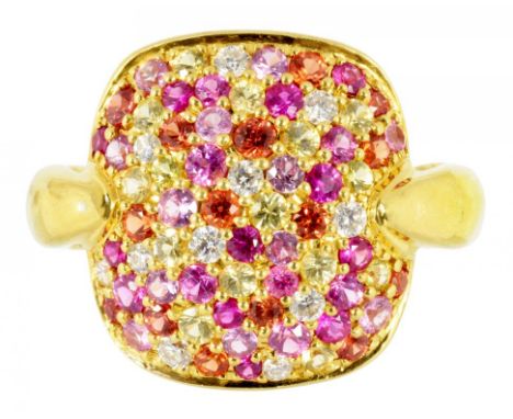 A RUBY, DIAMOND AND COLOURED DIAMOND RING  in gold, marked 750, 8.9g, size N ++Satisfactory second hand condition