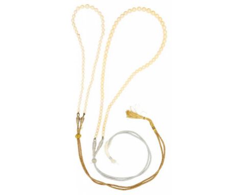 TWO SOUTH EAST ASIAN CULTURED PEARL AND METAL THREAD ROPE NECKLACES, MID 20TH C one of fifty nine 0.5-0.8cm cultured pearls, 