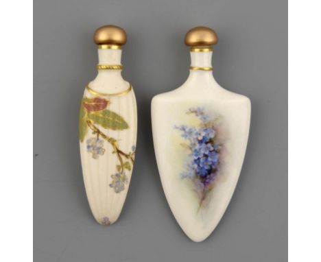 TWO ROYAL WORCESTER SCENT FLASKS, C1890 the reeded ivory ground example printed and painted after Edward Raby with flowers, t