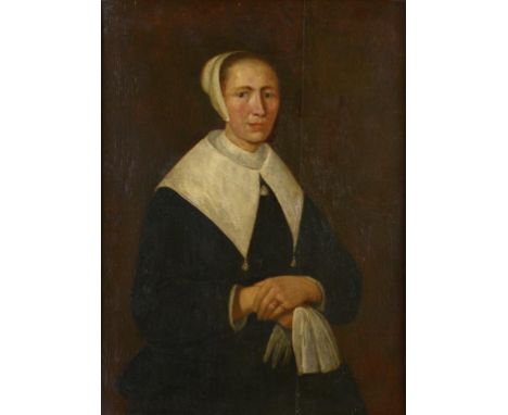 DUTCH SCHOOL, 17TH CENTURY PORTRAIT OF A WOMAN three quarter length in black with white cap and collar, oil on panel, 55 x 40