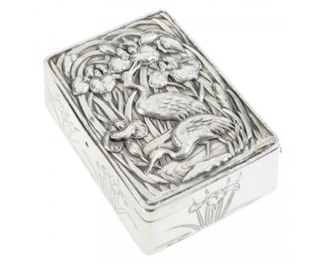 A JAPANESE SILVER SNUFF BOX, EARLY 20TH C  the lid inset with a repoussé panel of cranes and iris, the sides similarly engrav