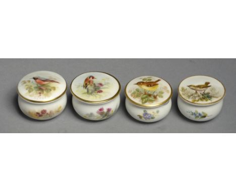 FOUR ROYAL WORCESTER MINIATURE BOXES AND COVERS, 1912-41  painted by or attributed to W Powell, two signed, with a bird, 3.5c