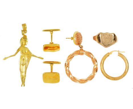 AN EGYPTIAN GOLD FIGURAL PENDANT  5.3cm, control mark, a 9ct gold signet ring, two gold earrings, 12g and a a pair of yellow 