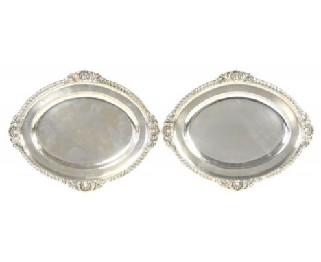 A PAIR OF GEORGE IV GADROONED SILVER SECOND COURSE DISHES  34cm w, by Samuel Henell, London 1822, 61ozs 8dwts ++In good condi