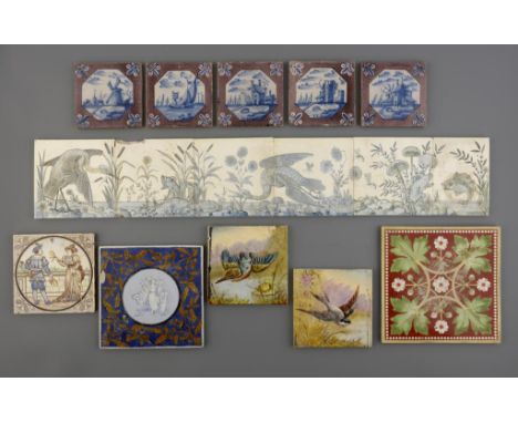 A T & R BOOTE SIX-TILE PANEL, C1875 painted with birds and other creatures and flora, 15.5 x 87cm overall, five Copeland and 