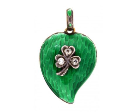 A DIAMOND SET GREEN GUILLOCHE ENAMEL AND GOLD LOCKET, EARLY 20TH C,   2cm including loop ++Enamel chipped on loop