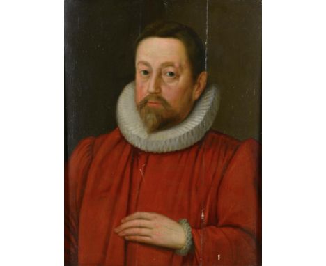 ENGLISH SCHOOL, 17TH CENTURY PORTRAIT OF A MAN TRADITIONALLY IDENTIFIED AS SIR NICHOLAS HARE  bust length, oil on panel, 57.5