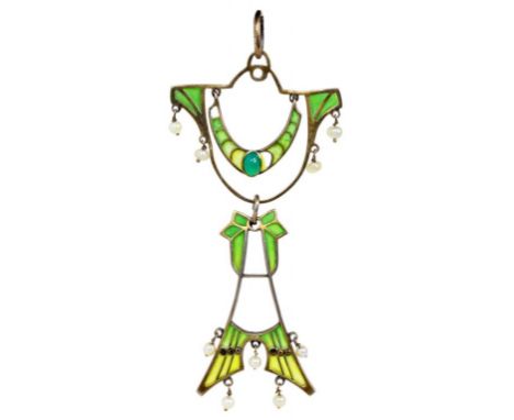 A FRENCH ART NOUVEAU CHRYSOPRASE, BAROQUE PEARL AND SILVER GILT AND PLIQUE A JOUR ENAMEL PENDANT, C1905  8.8cm including loop