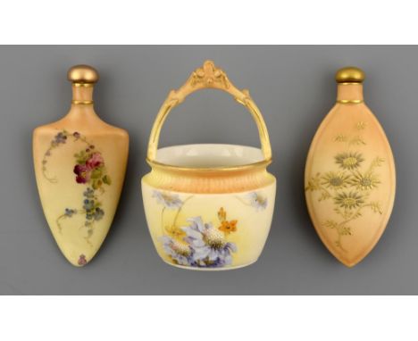 TWO ROYAL WORCESTER SCENT FLASKS AND A BUCKET SHAPED FLOWER HOLDER, 1890 & C one of the bottles and the flower holder printed