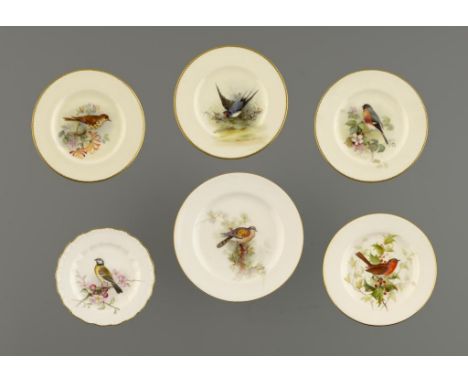 SIX ROYAL WORCESTER PLATES, 1892-1928 painted with a bird, all but the earliest by W Powell, signed, 13-17cm, printed mark ++