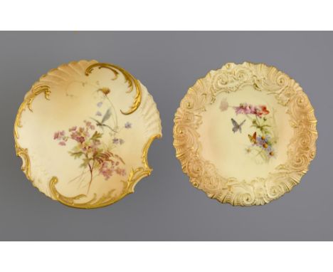 TWO ROYAL WORCESTER MOORE AND EMBOSSED DESSERT PLATES, 1892 & 1895 printed and painted after Edward Raby with wild flowers an