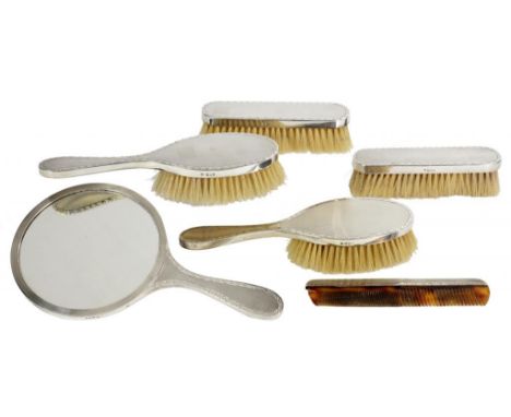 AN ELIZABETH II SILVER SIX PIECE BRUSH SET engine turned, hand mirror 25cm l, maker TP, London 1966 ++Satisfactory second han