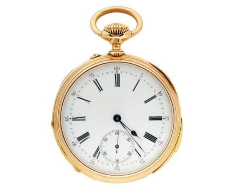 A SWISS 18CT GOLD KEYLESS LEVER QUARTER REPEATING WATCH BOSSEL & FILS SUCRS DE J F BAUTTE & CIE  No 97251, the case back enam